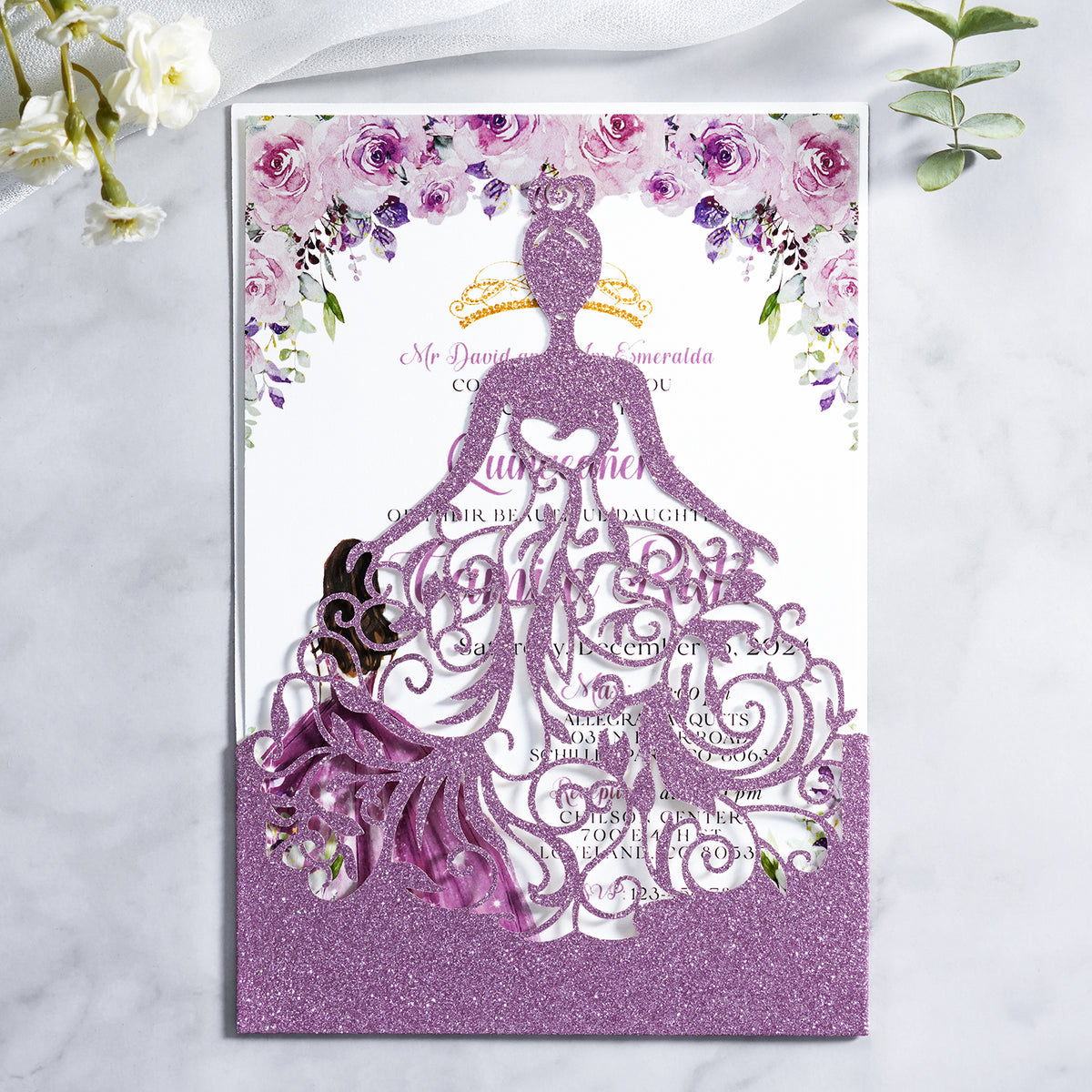 PONATIA Purple Glitter Laser Cut Crown Sweet 16 Invitations Cards With Envelopes