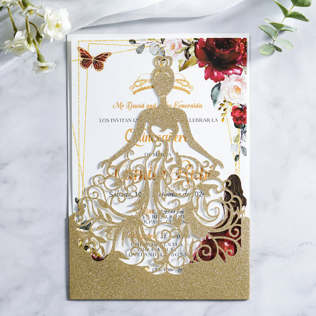 PONATIA Gold Glitter Laser Cut Crown Sweet 16 Invitations Cards With Envelopes