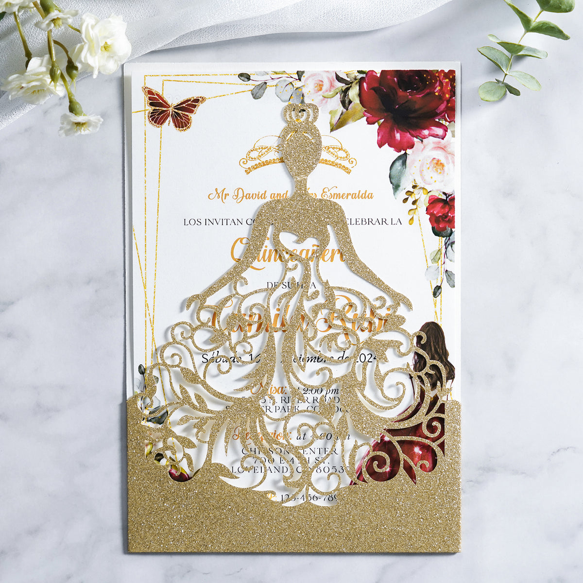 PONATIA Gold Glitter Laser Cut Crown Sweet 16 Invitations Cards With Envelopes