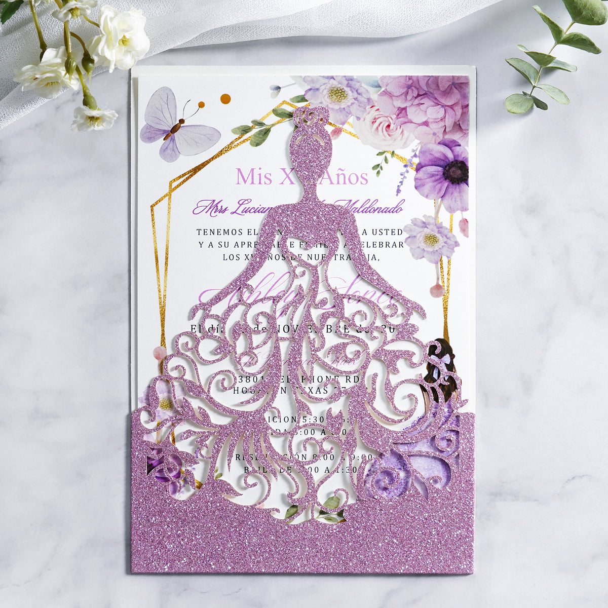 PONATIA Lilac Glitter Laser Cut Crown Sweet 16 Invitations Cards With Envelopes