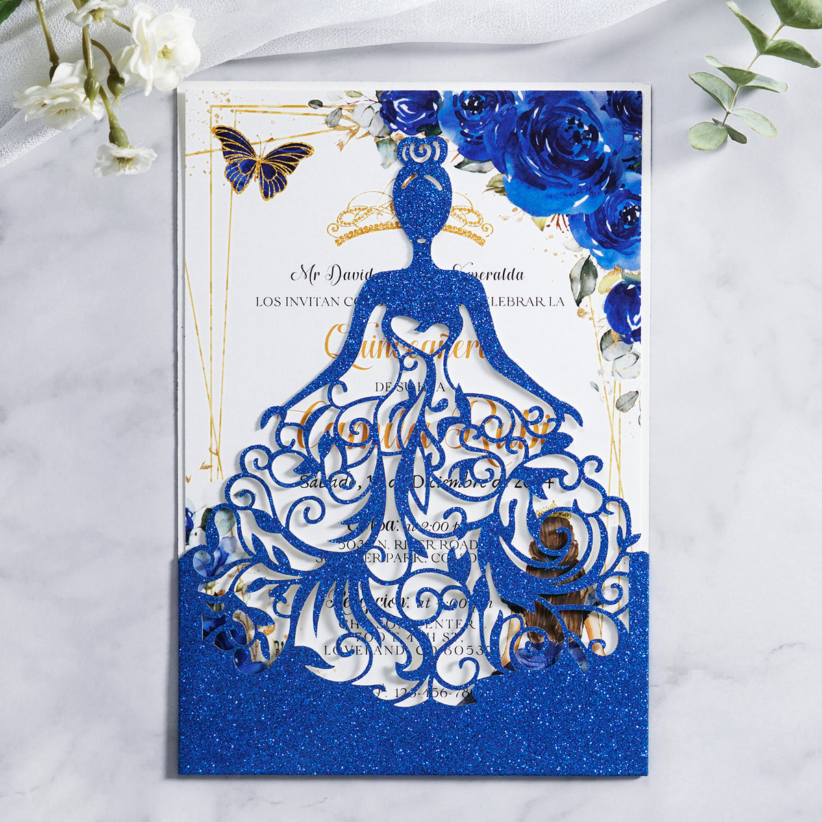 PONATIA Royal Blue Glitter Laser Cut Crown Sweet 16 Invitations Cards With Envelopes