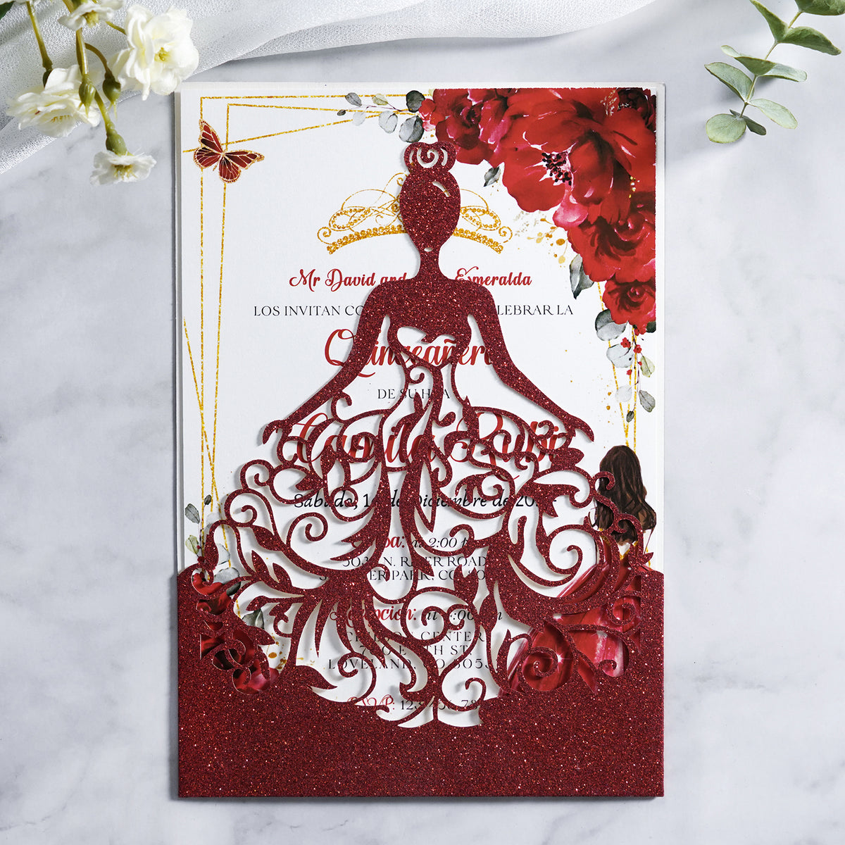 PONATIA Red Glitter Laser Cut Crown Sweet 16 Invitations Cards With Envelopes
