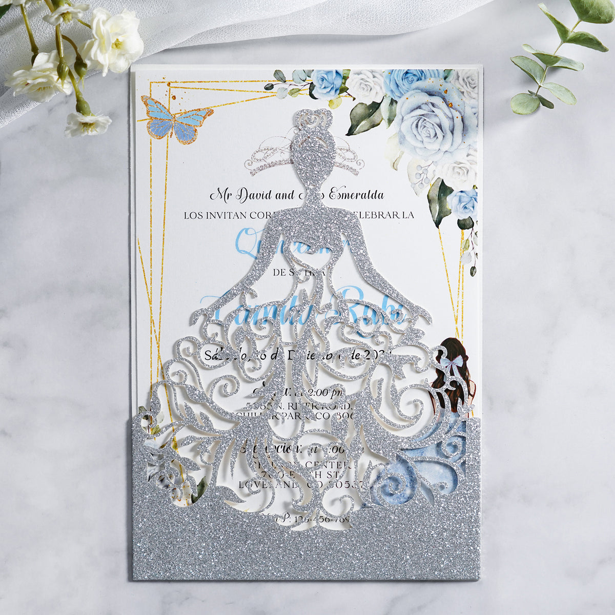 PONATIA Sliver Glitter Laser Cut Crown Sweet 16 Invitations Cards With Envelopes