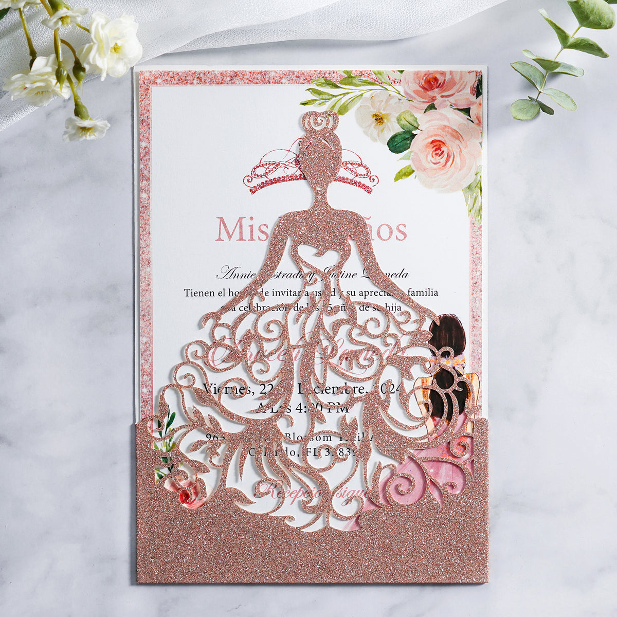 PONATIA Rose Gold Glitter Laser Cut Crown Sweet 16 Invitations Cards With Envelopes