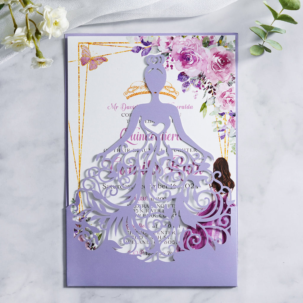 PONATIA Lilac Laser Cut Crown Sweet 16 Invitations Cards With Envelopes