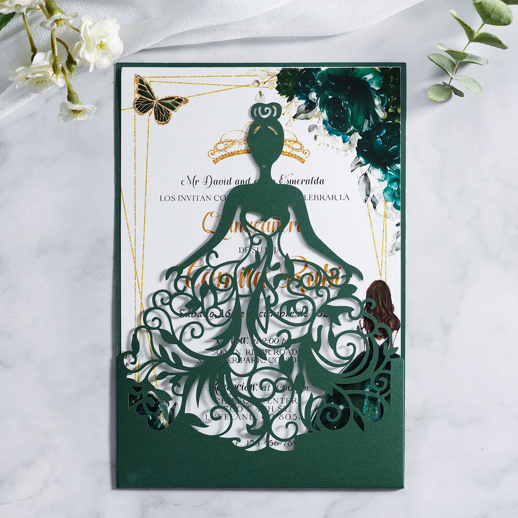 PONATIA Emerald Green Glitter Laser Cut Crown Sweet 16 Invitations Cards With Envelopes