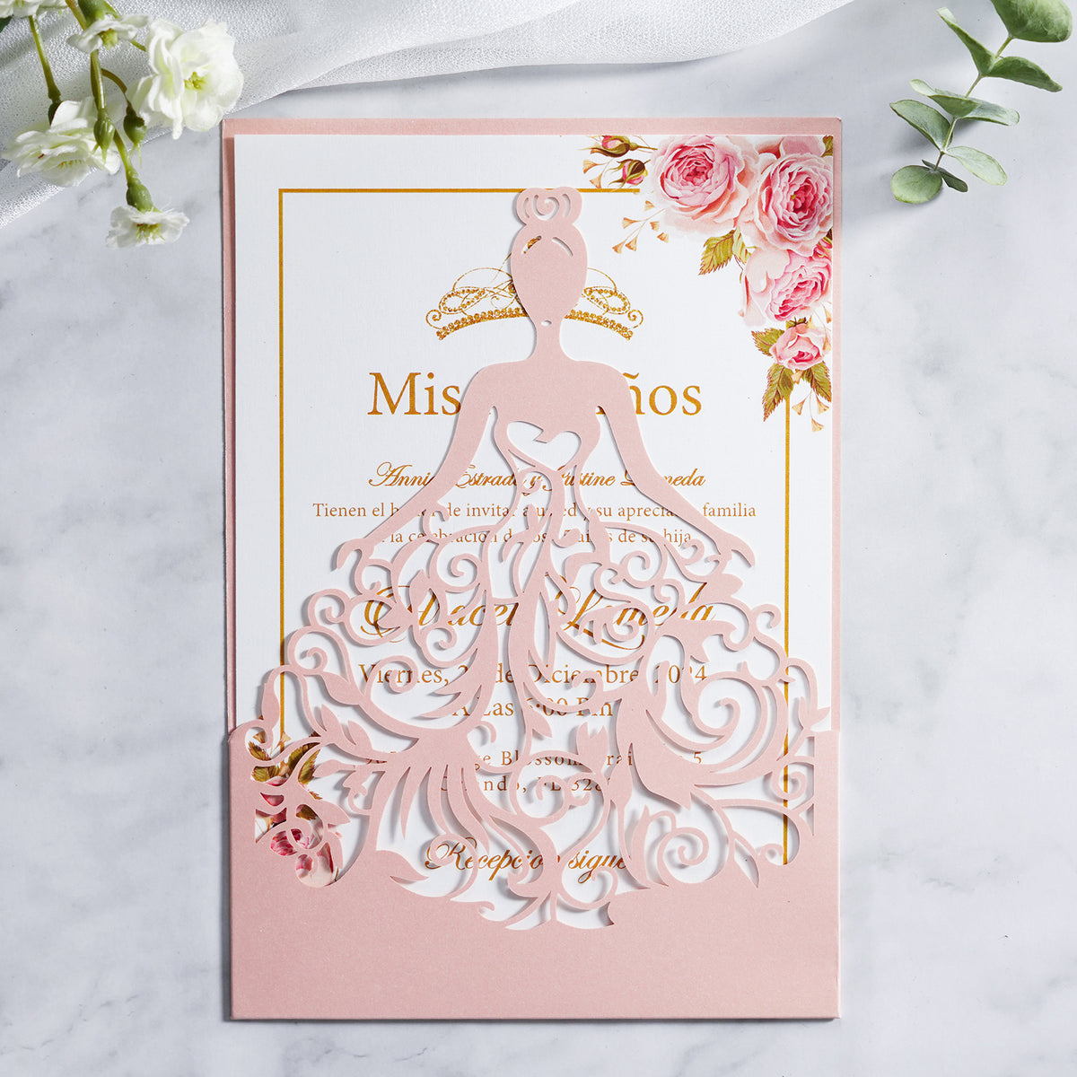 PONATIA Blush Pink Laser Cut Crown Sweet 16 Invitations Cards With Envelopes