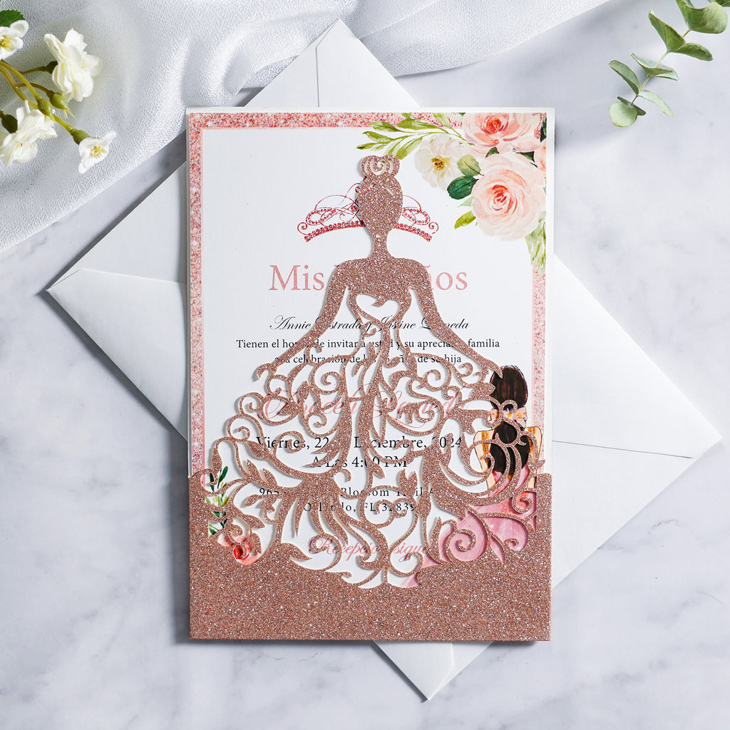 PONATIA Rose Gold Glitter Laser Cut Crown Sweet 16 Invitations Cards With Envelopes