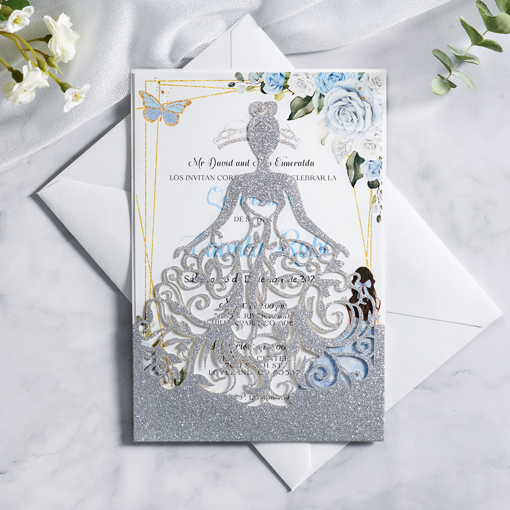 PONATIA Sliver Glitter Laser Cut Crown Sweet 16 Invitations Cards With Envelopes