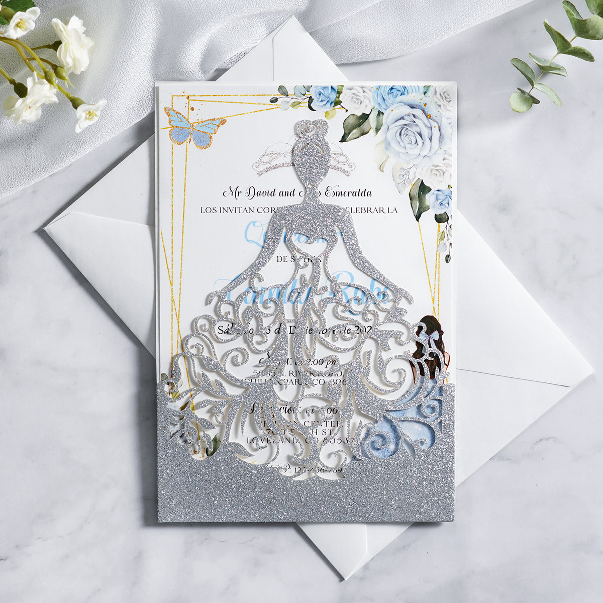 PONATIA Sliver Glitter Laser Cut Crown Sweet 16 Invitations Cards With Envelopes