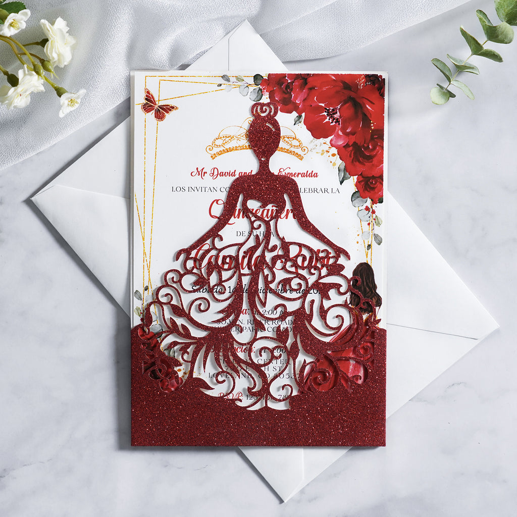 PONATIA Red Glitter Laser Cut Crown Sweet 16 Invitations Cards With Envelopes