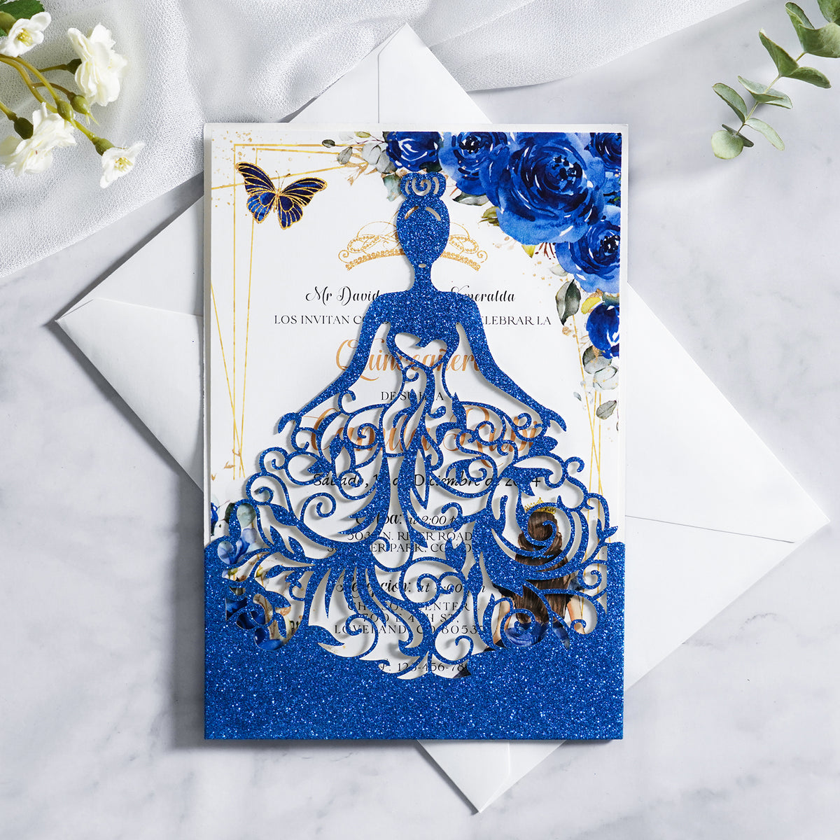 PONATIA Royal Blue Glitter Laser Cut Crown Sweet 16 Invitations Cards With Envelopes