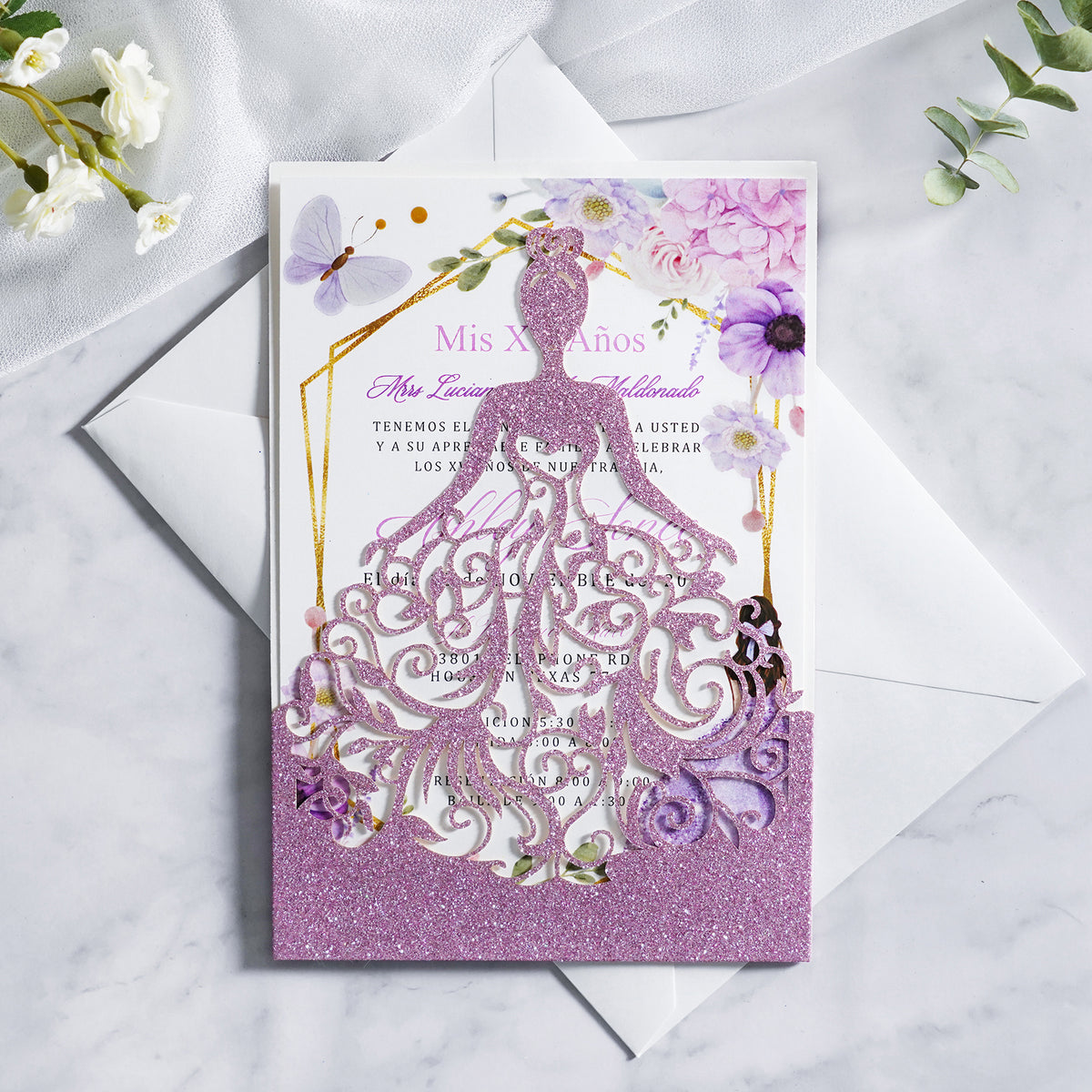 PONATIA Lilac Glitter Laser Cut Crown Sweet 16 Invitations Cards With Envelopes