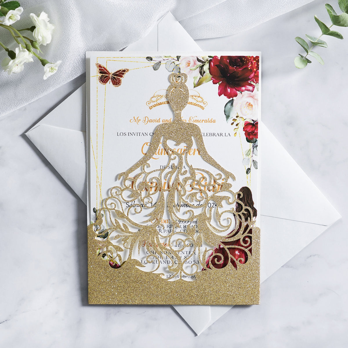 PONATIA Gold Glitter Laser Cut Crown Sweet 16 Invitations Cards With Envelopes