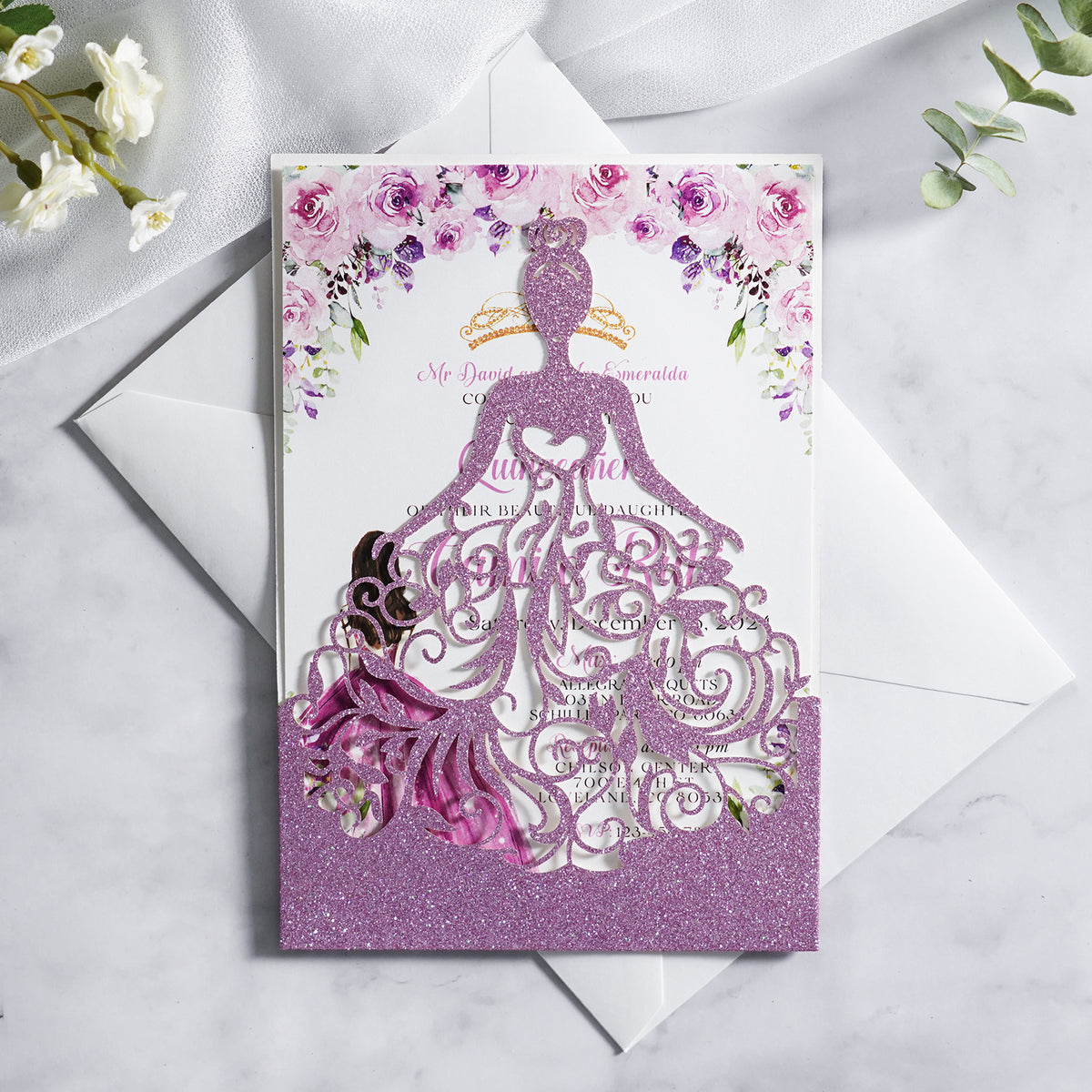 PONATIA Purple Glitter Laser Cut Crown Sweet 16 Invitations Cards With Envelopes