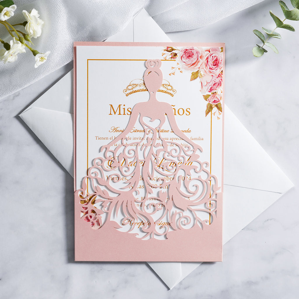 PONATIA Blush Pink Laser Cut Crown Sweet 16 Invitations Cards With Envelopes