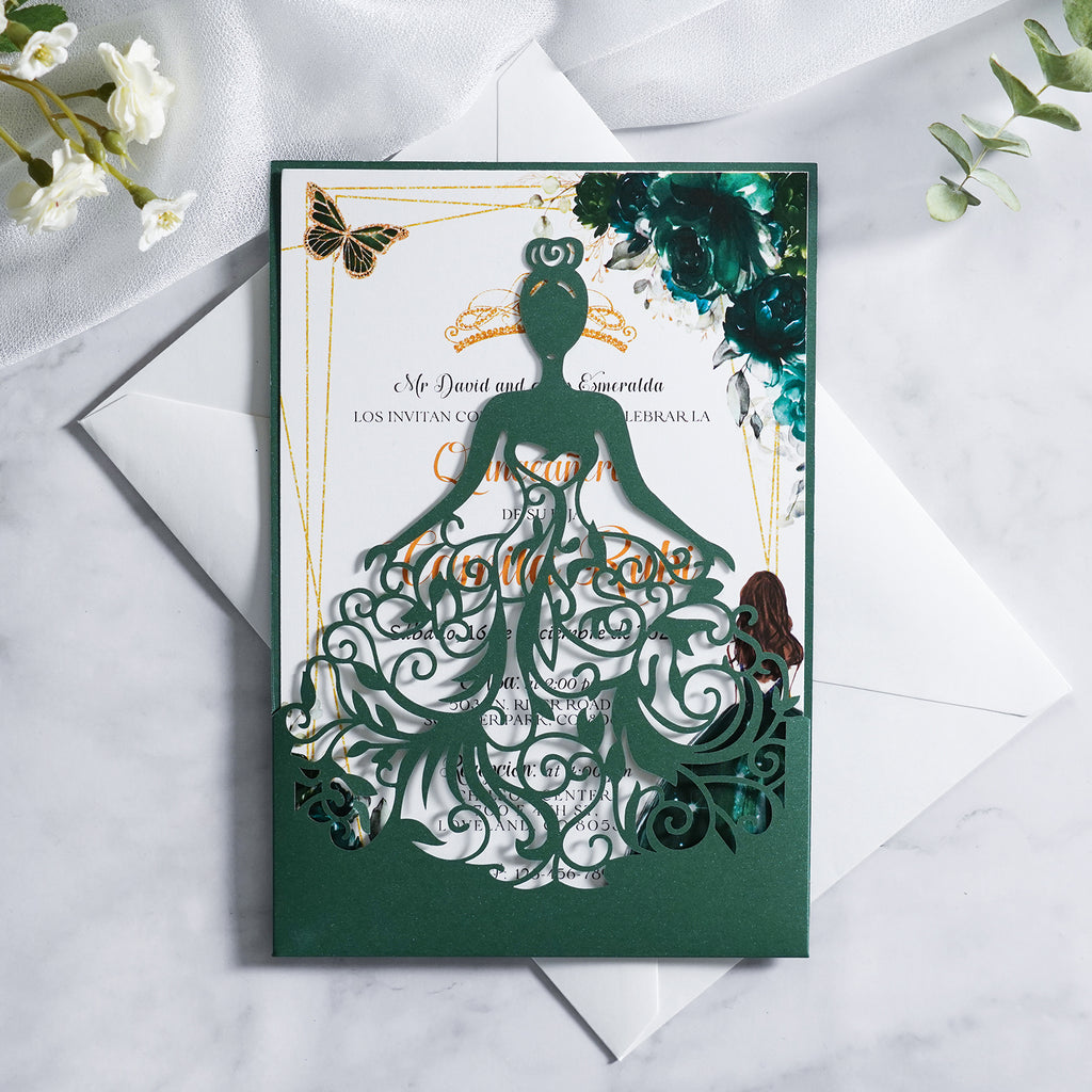 PONATIA Emerald Green Glitter Laser Cut Crown Sweet 16 Invitations Cards With Envelopes