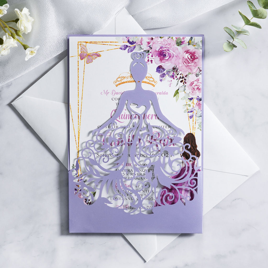 PONATIA Lilac Laser Cut Crown Sweet 16 Invitations Cards With Envelopes
