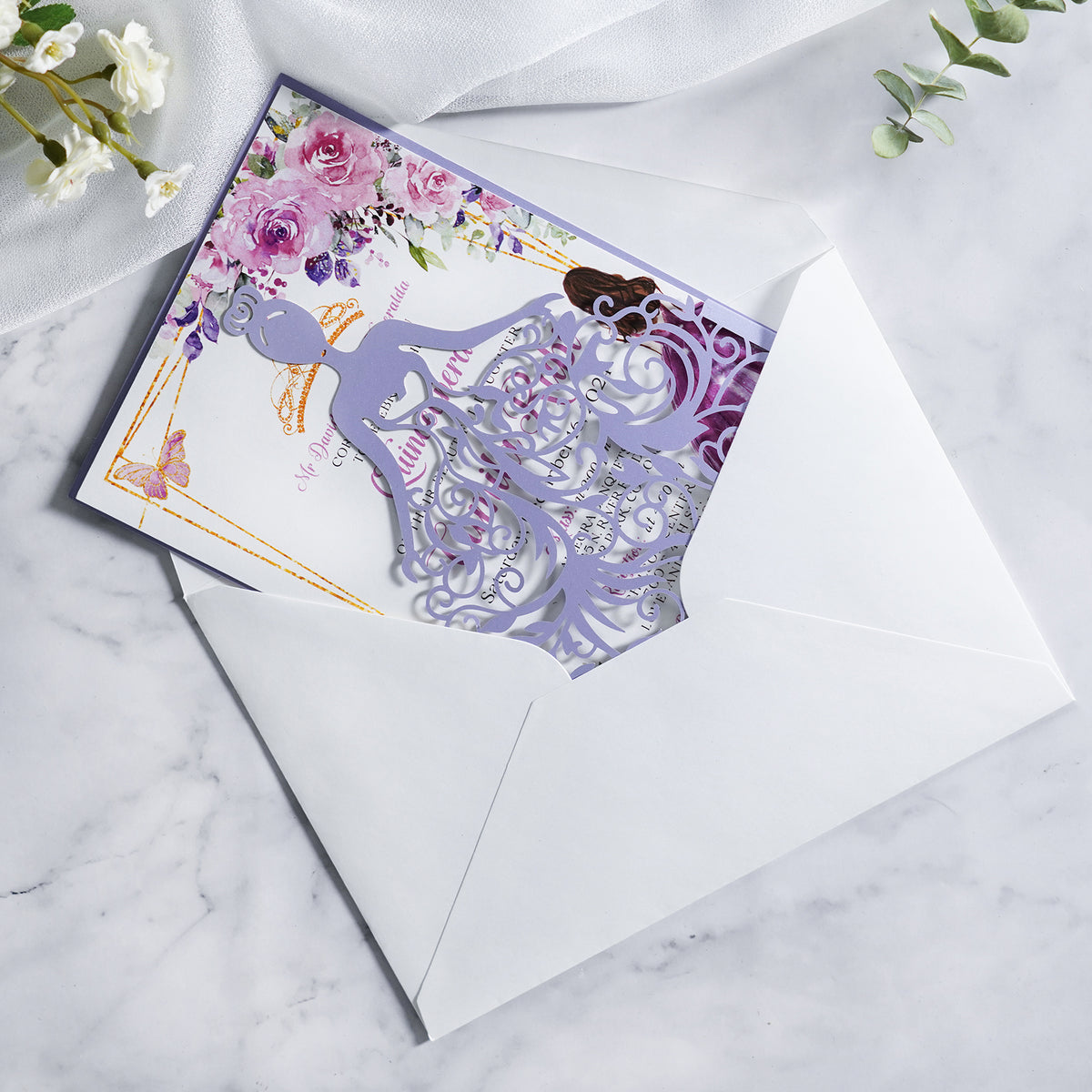 PONATIA Lilac Laser Cut Crown Sweet 16 Invitations Cards With Envelopes