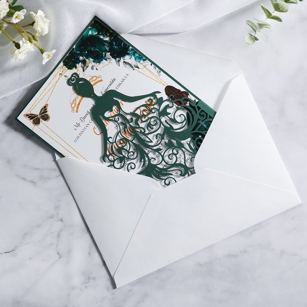 PONATIA Emerald Green Glitter Laser Cut Crown Sweet 16 Invitations Cards With Envelopes