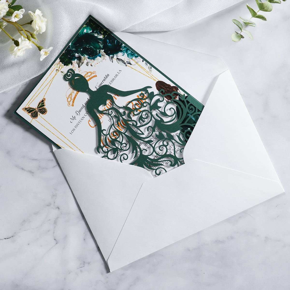 PONATIA Emerald Green Glitter Laser Cut Crown Sweet 16 Invitations Cards With Envelopes