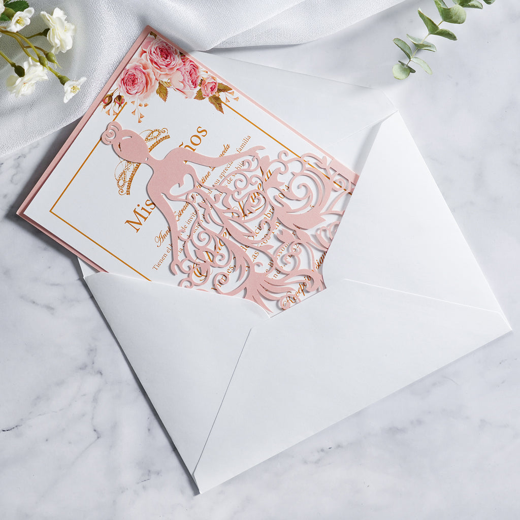 PONATIA Blush Pink Laser Cut Crown Sweet 16 Invitations Cards With Envelopes