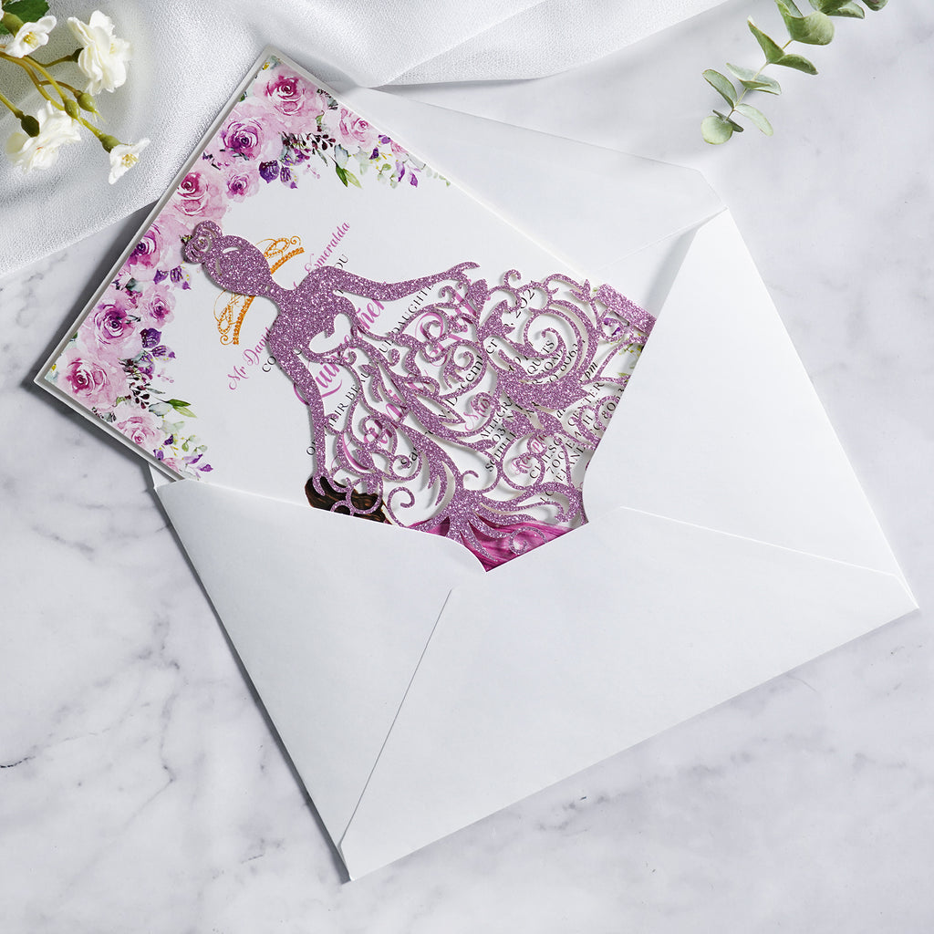 PONATIA Purple Glitter Laser Cut Crown Sweet 16 Invitations Cards With Envelopes