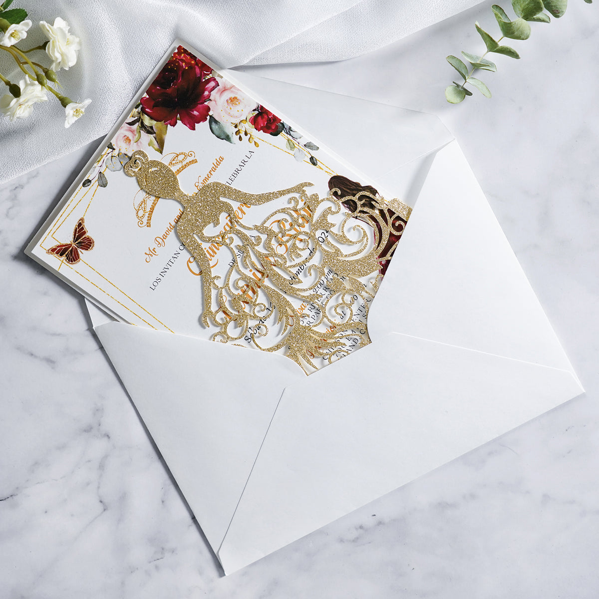 PONATIA Gold Glitter Laser Cut Crown Sweet 16 Invitations Cards With Envelopes