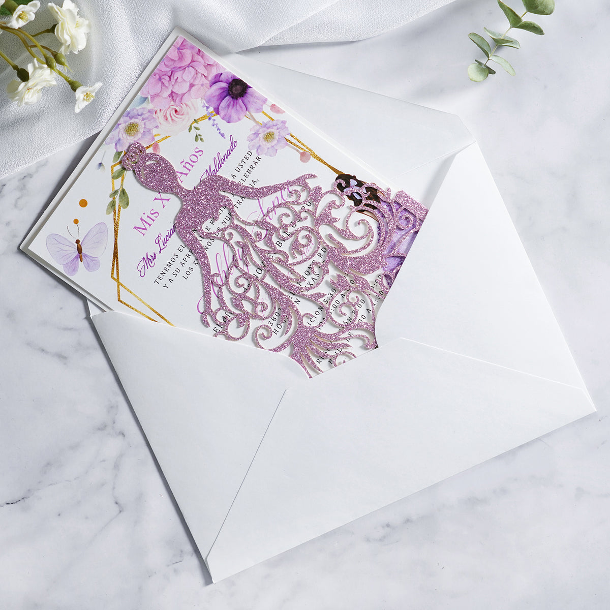 PONATIA Lilac Glitter Laser Cut Crown Sweet 16 Invitations Cards With Envelopes