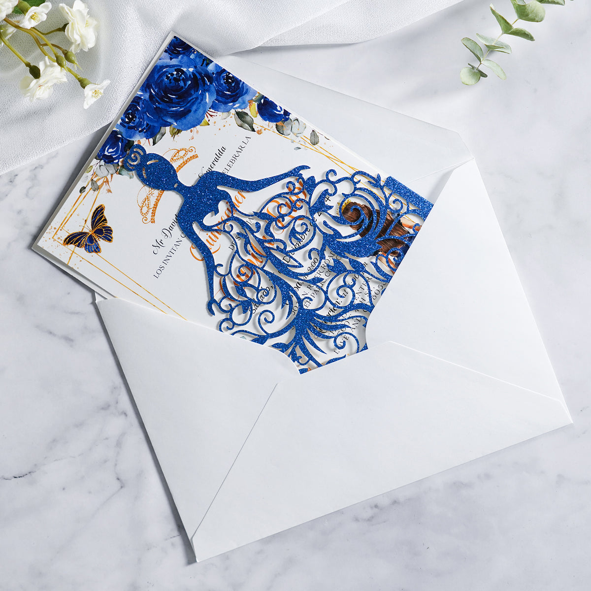 PONATIA Royal Blue Glitter Laser Cut Crown Sweet 16 Invitations Cards With Envelopes