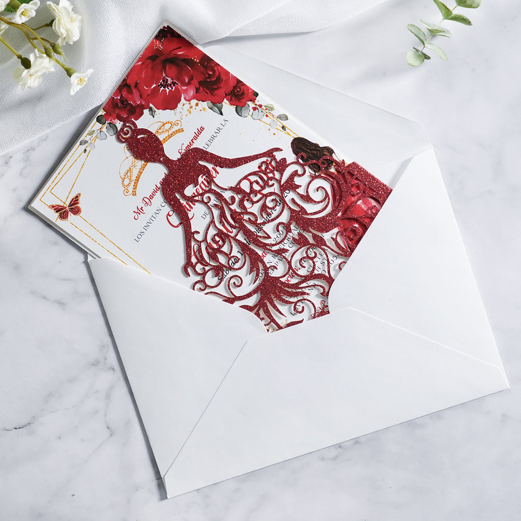 PONATIA Red Glitter Laser Cut Crown Sweet 16 Invitations Cards With Envelopes