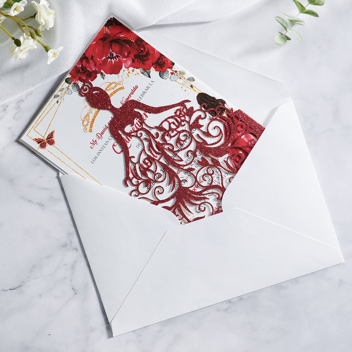 PONATIA Red Glitter Laser Cut Crown Sweet 16 Invitations Cards With Envelopes