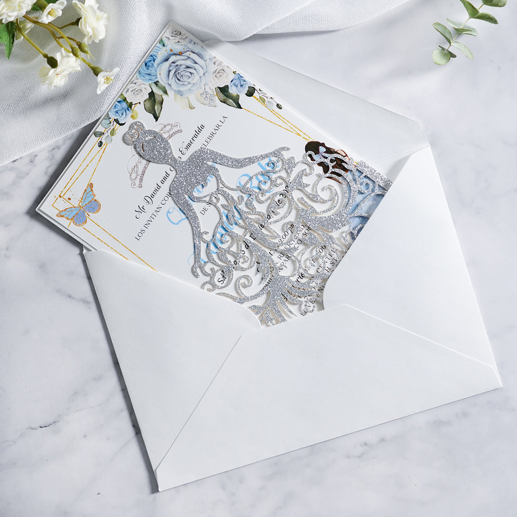 PONATIA Sliver Glitter Laser Cut Crown Sweet 16 Invitations Cards With Envelopes