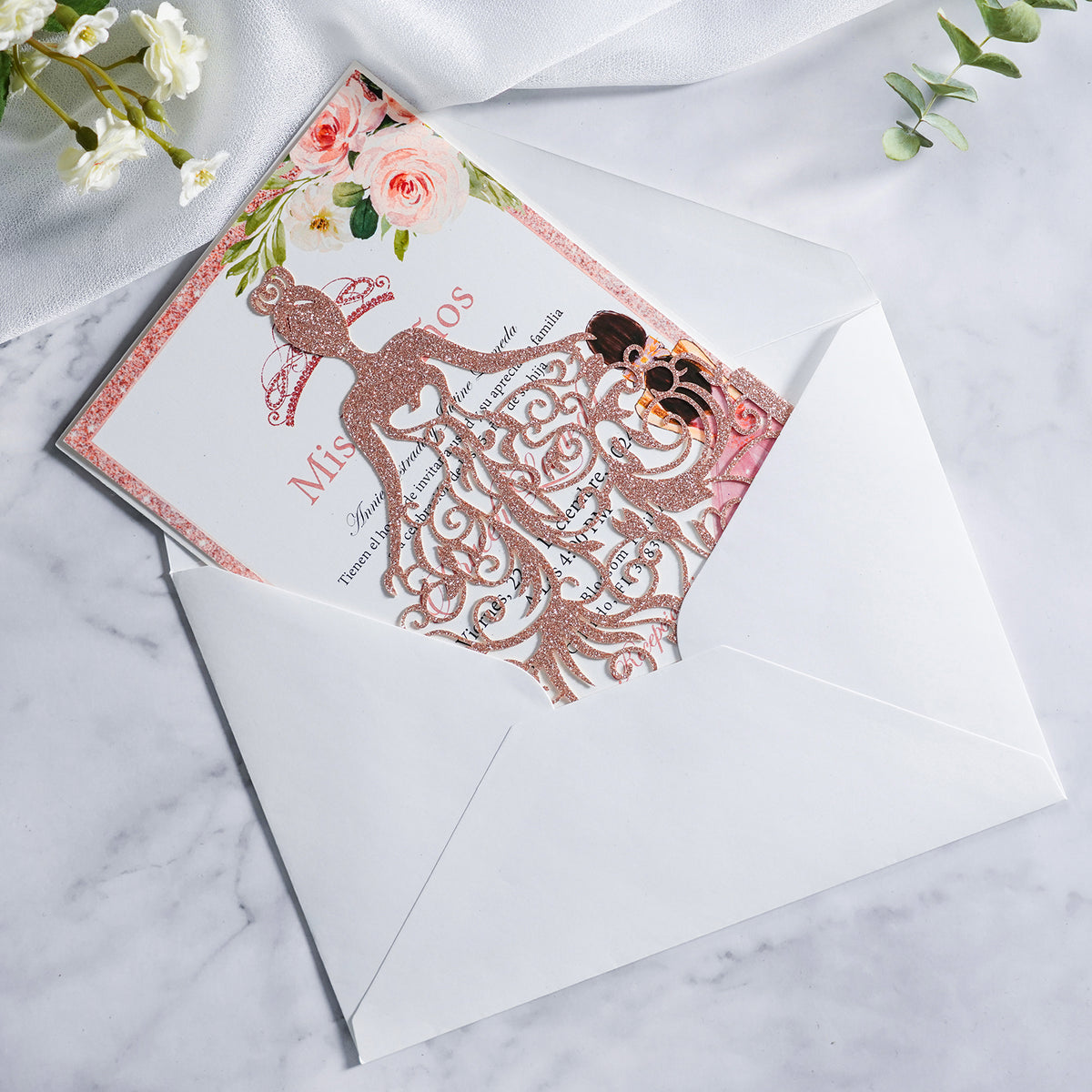 PONATIA Rose Gold Glitter Laser Cut Crown Sweet 16 Invitations Cards With Envelopes