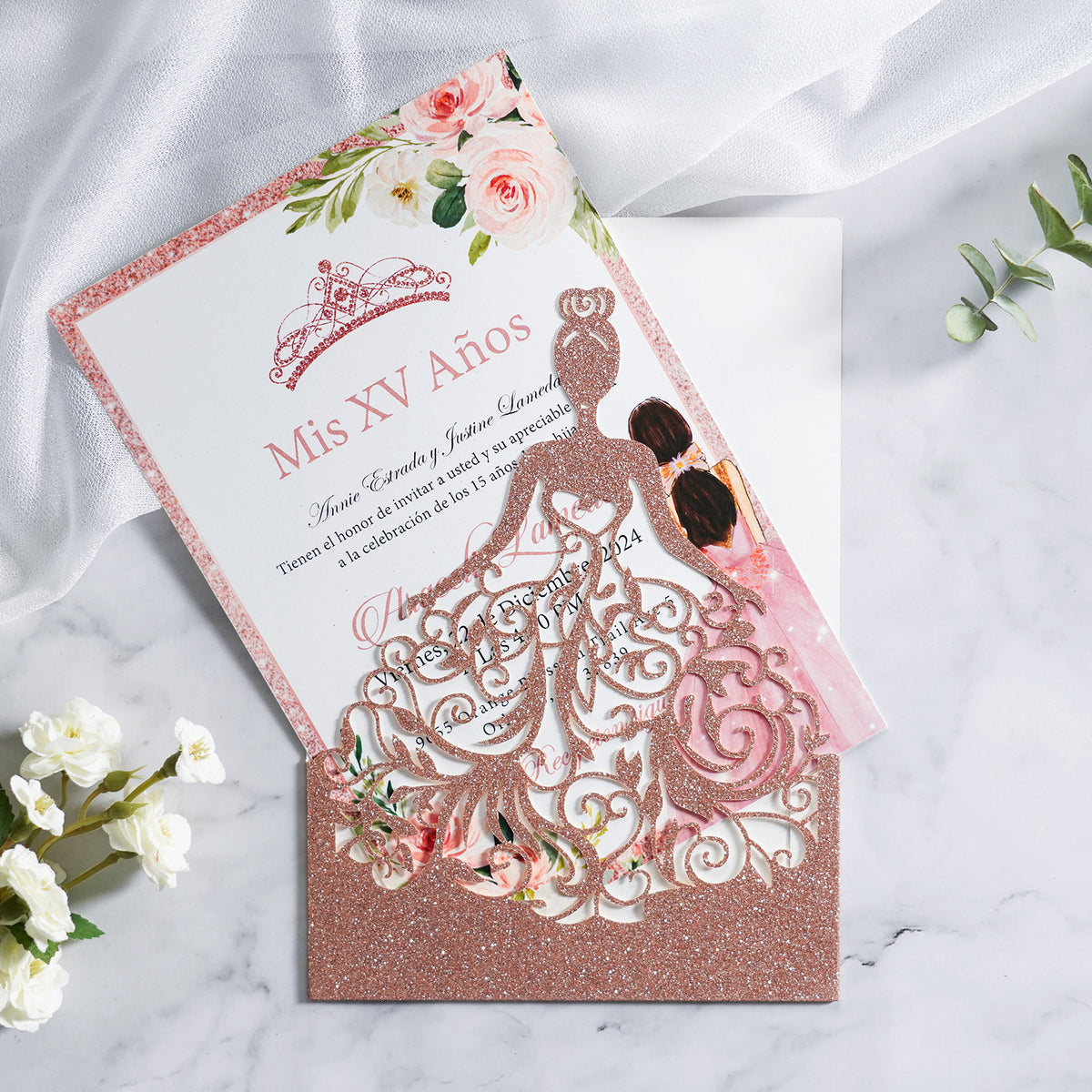 PONATIA Rose Gold Glitter Laser Cut Crown Sweet 16 Invitations Cards With Envelopes