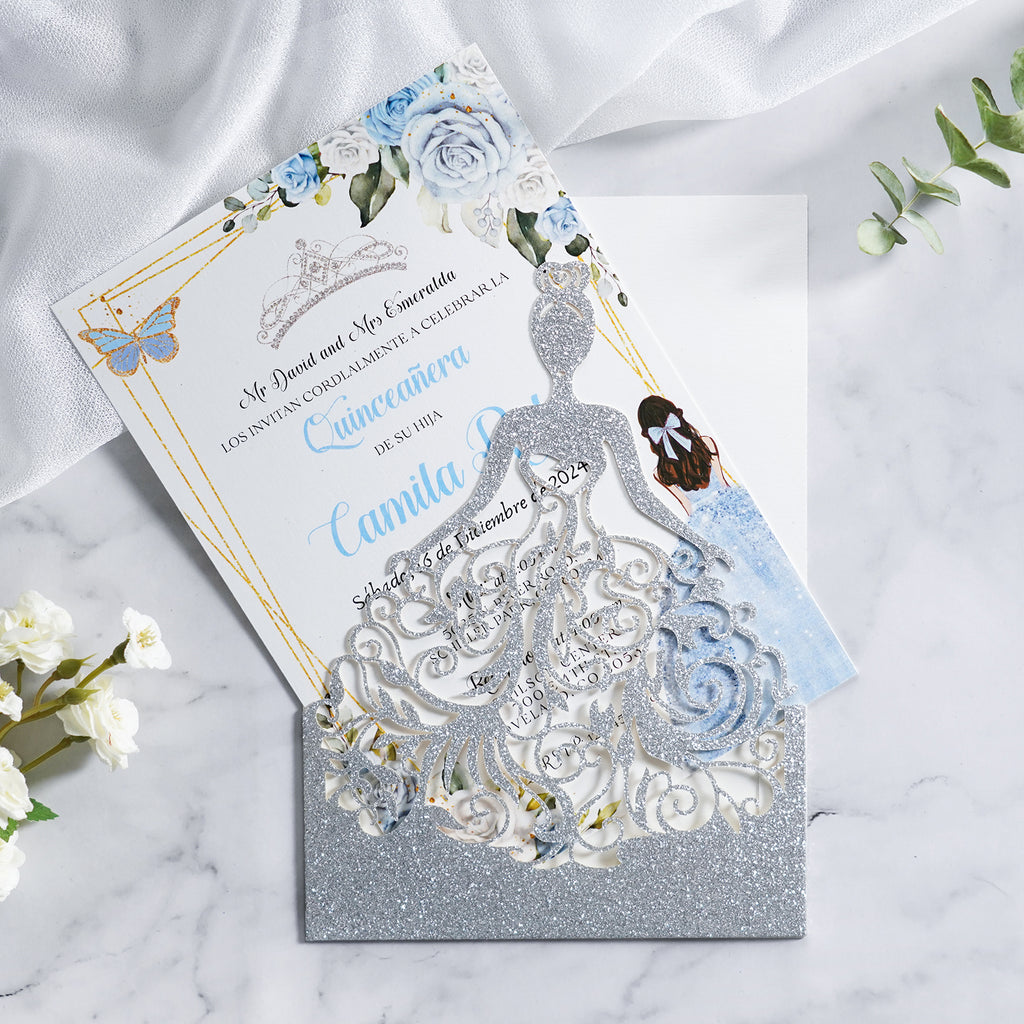 PONATIA Sliver Glitter Laser Cut Crown Sweet 16 Invitations Cards With Envelopes
