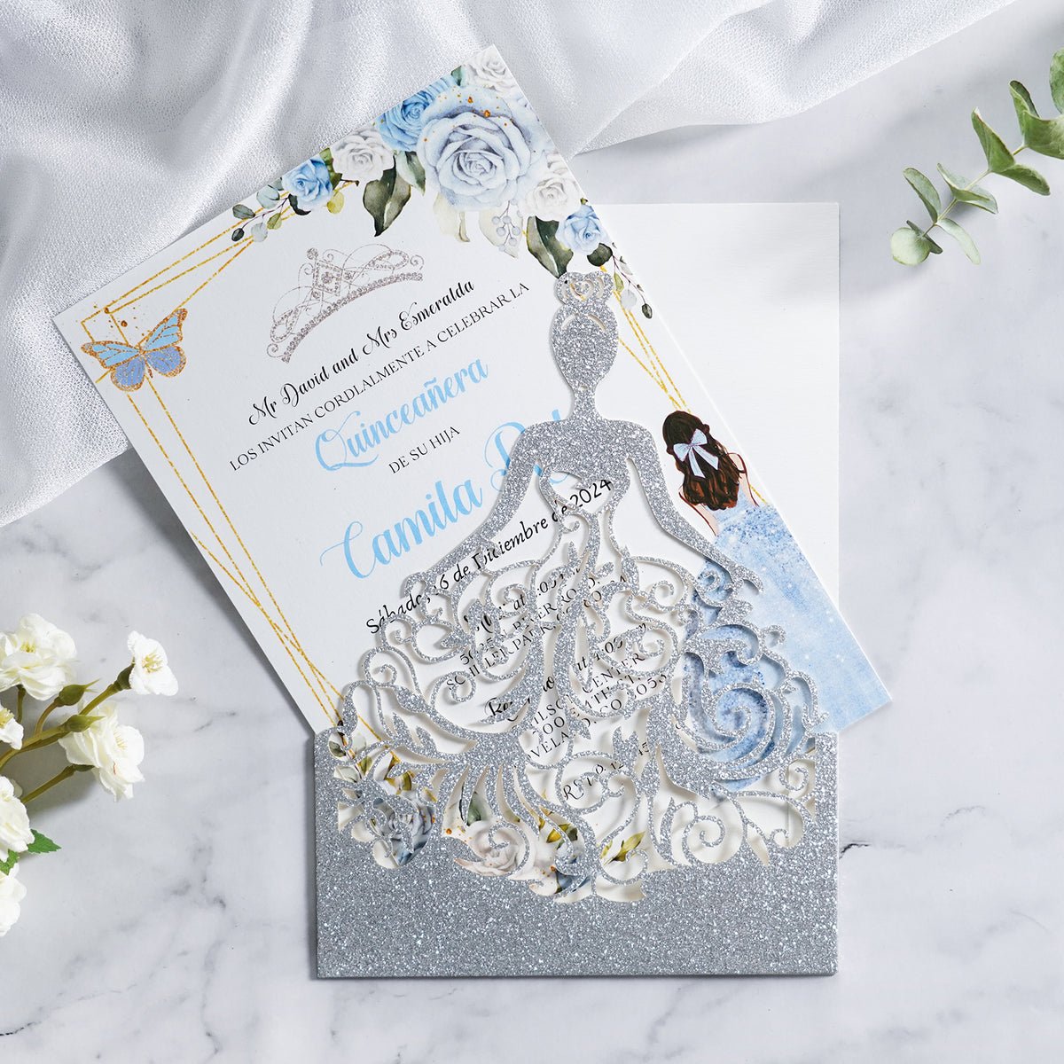 PONATIA Sliver Glitter Laser Cut Crown Sweet 16 Invitations Cards With Envelopes