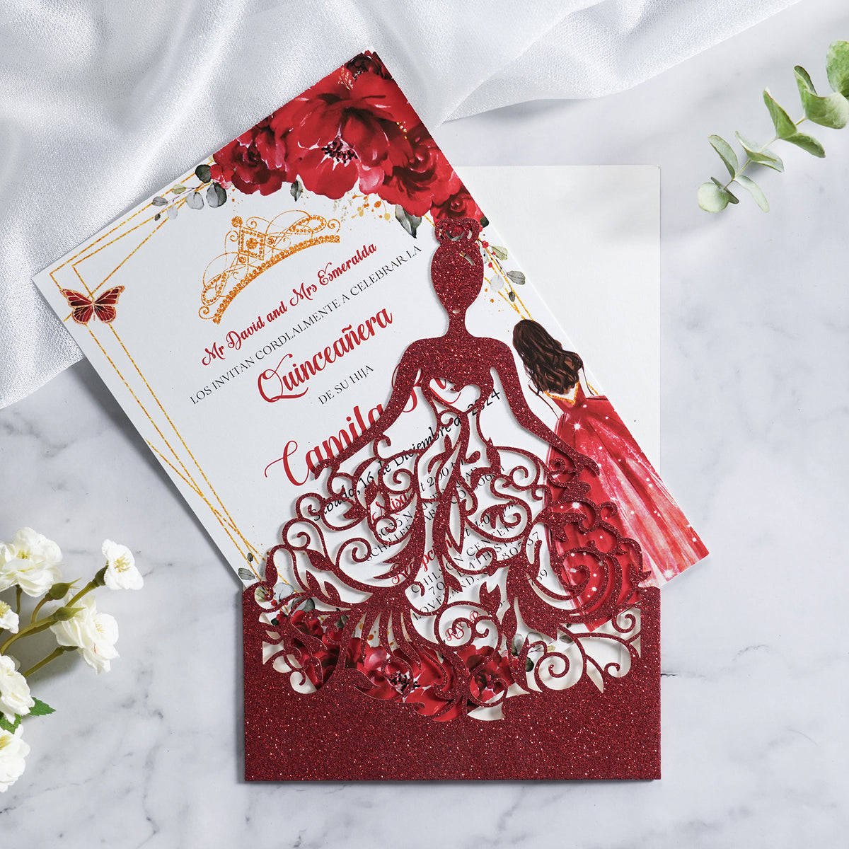 PONATIA Red Glitter Laser Cut Crown Sweet 16 Invitations Cards With Envelopes