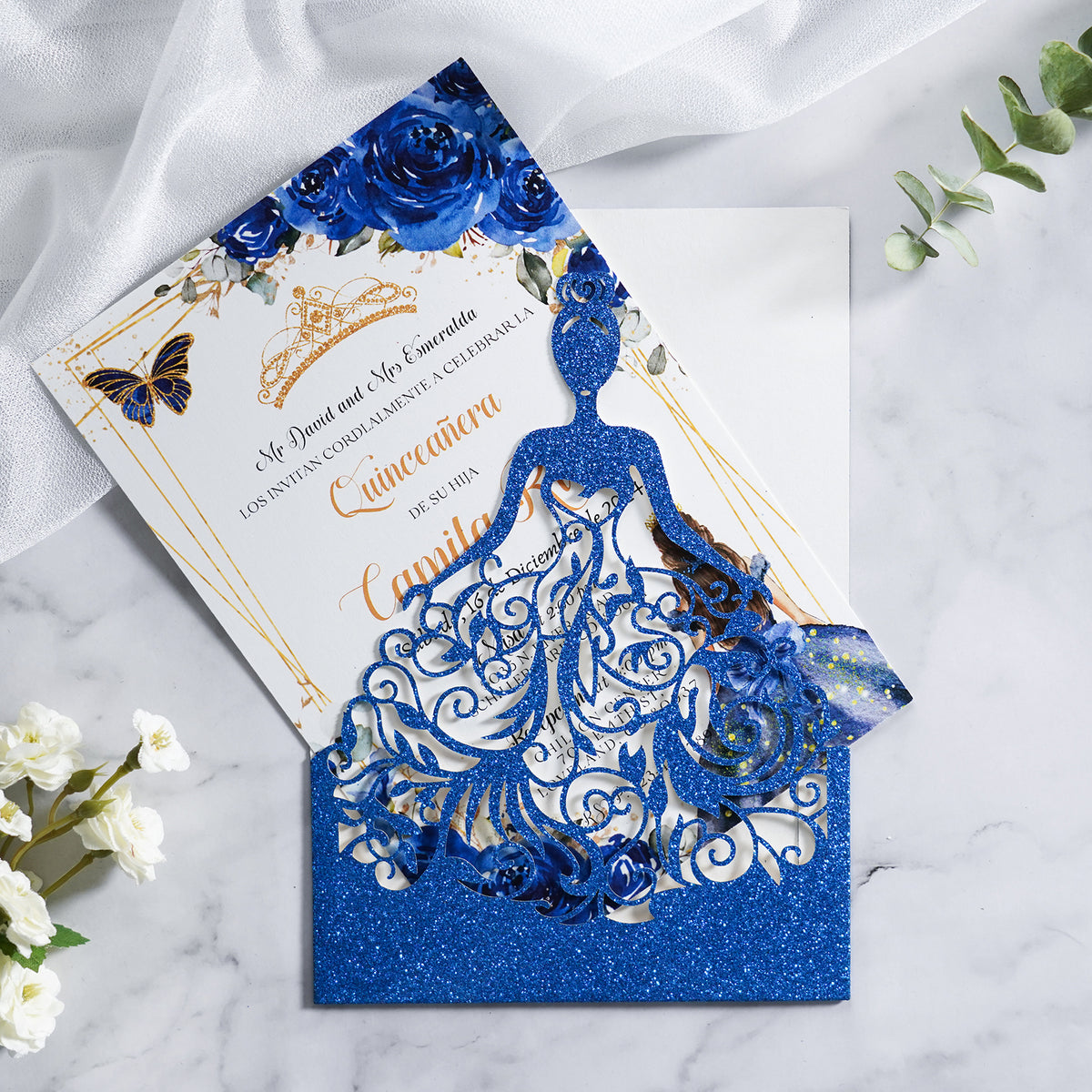 PONATIA Royal Blue Glitter Laser Cut Crown Sweet 16 Invitations Cards With Envelopes