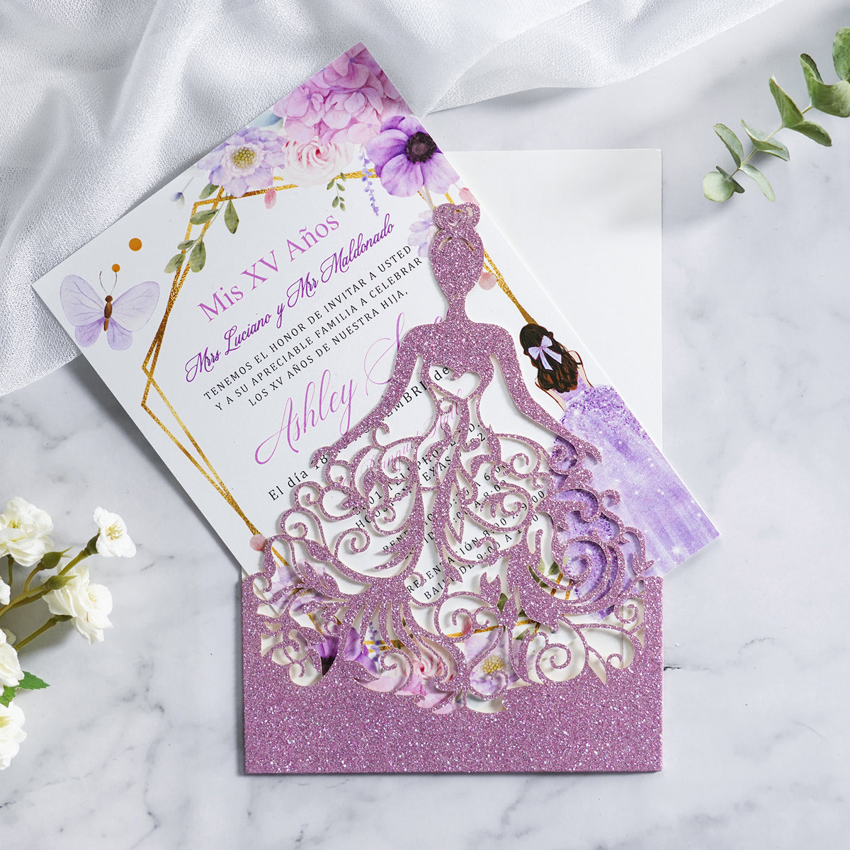 PONATIA Lilac Glitter Laser Cut Crown Sweet 16 Invitations Cards With Envelopes