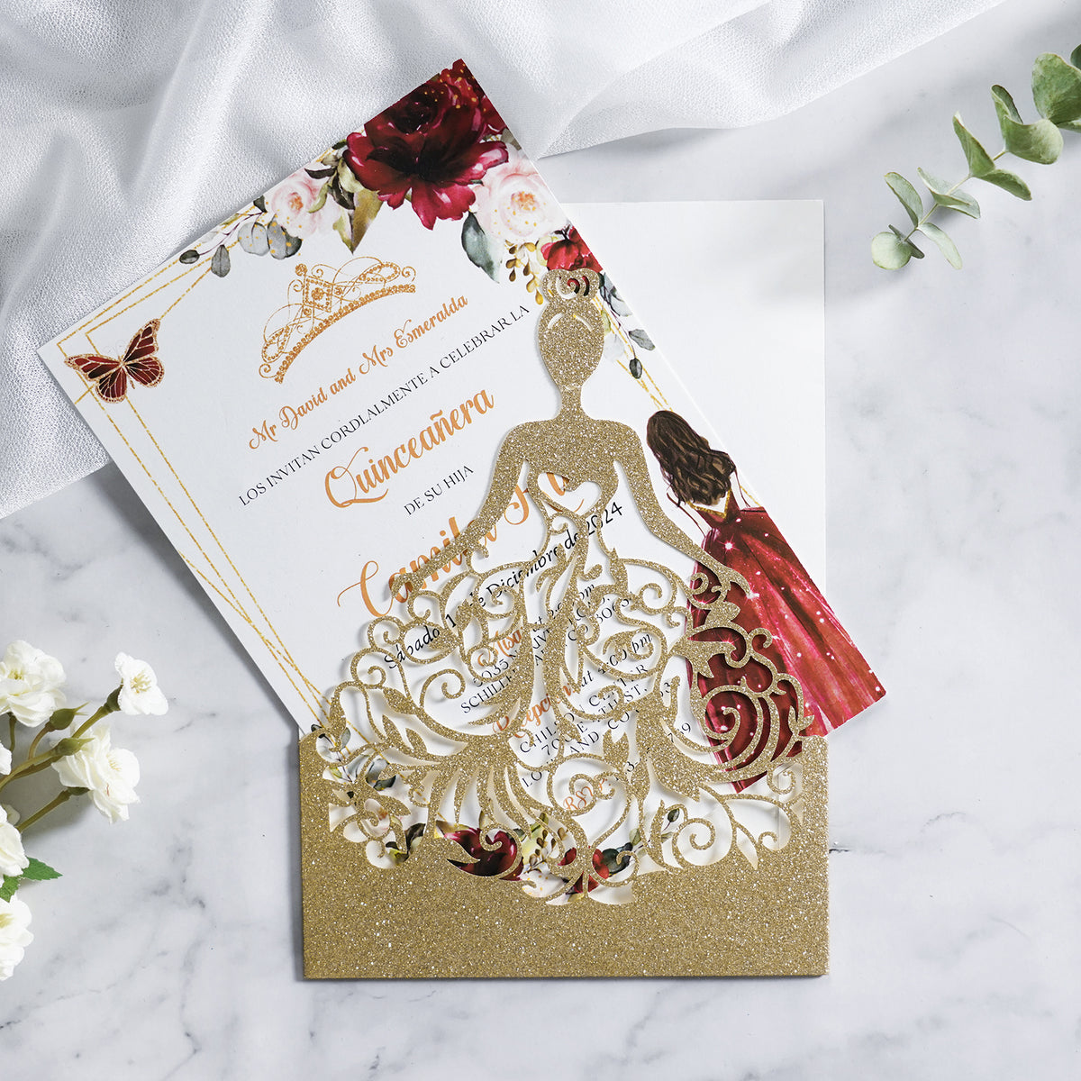 PONATIA Gold Glitter Laser Cut Crown Sweet 16 Invitations Cards With Envelopes
