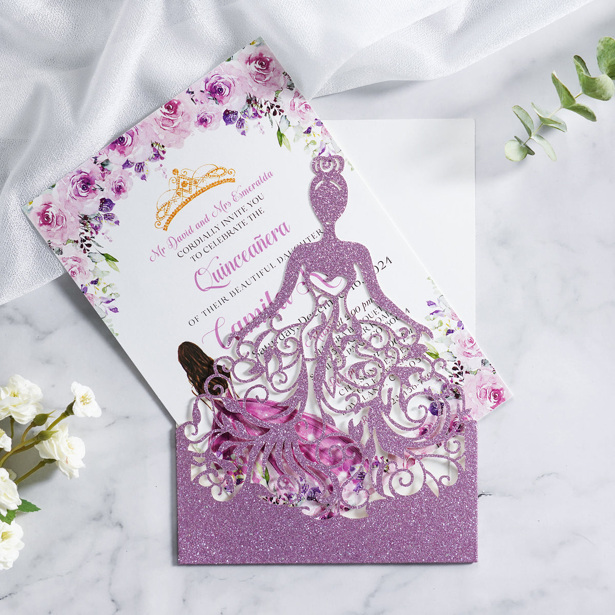 PONATIA Purple Glitter Laser Cut Crown Sweet 16 Invitations Cards With Envelopes