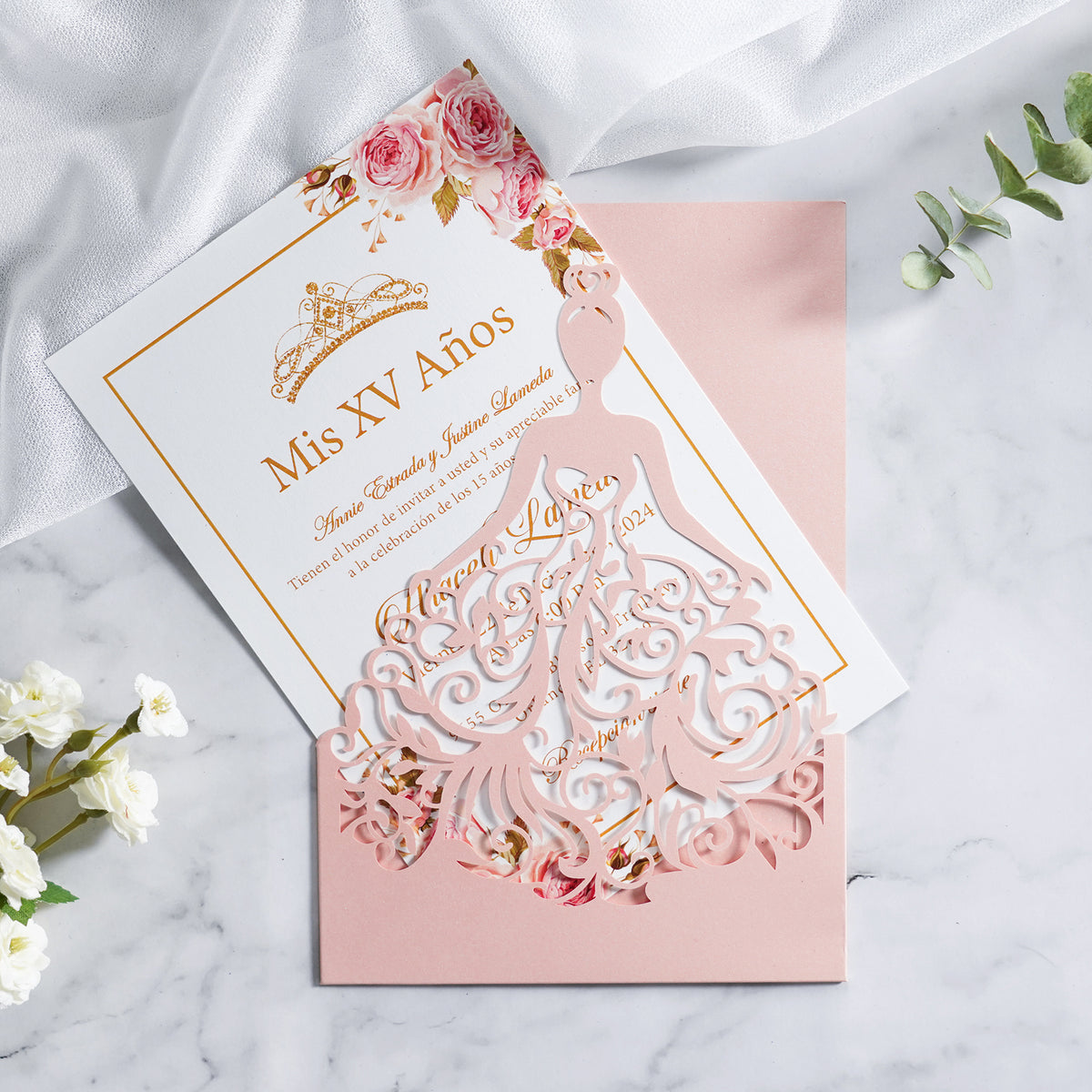 PONATIA Blush Pink Laser Cut Crown Sweet 16 Invitations Cards With Envelopes