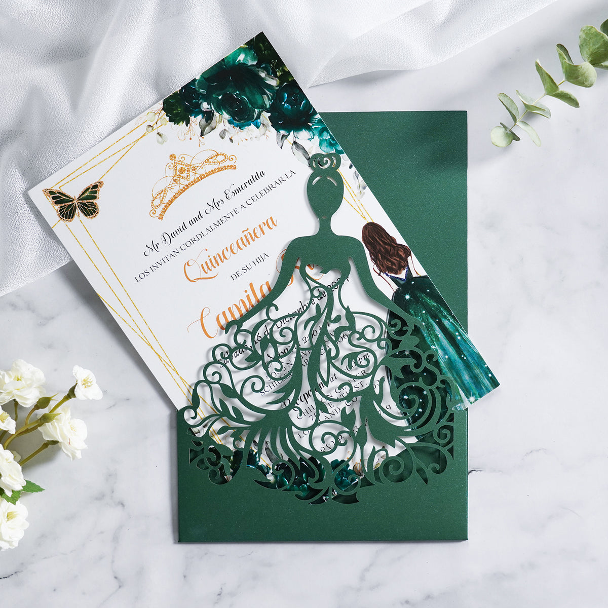 PONATIA Emerald Green Glitter Laser Cut Crown Sweet 16 Invitations Cards With Envelopes