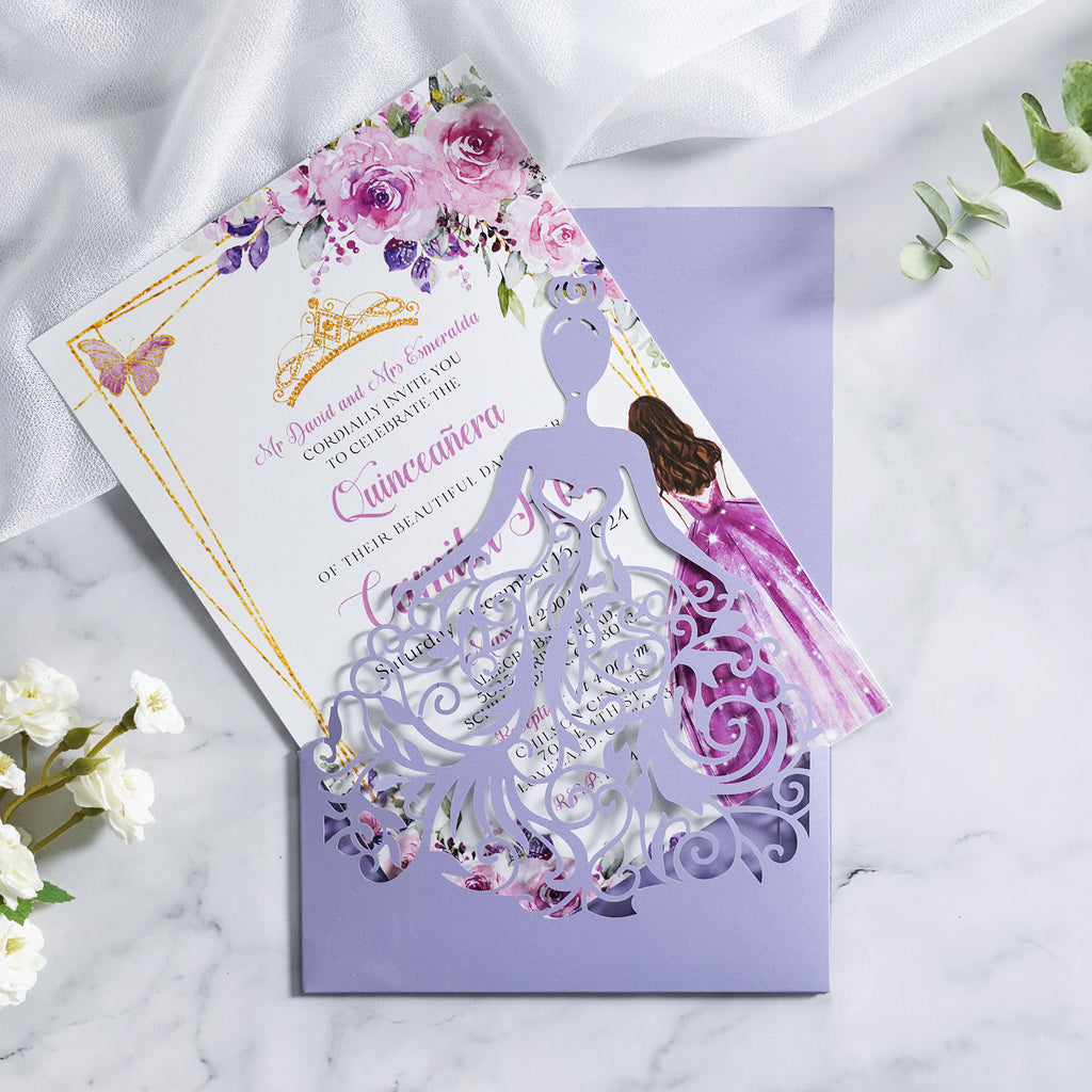 PONATIA Lilac Laser Cut Crown Sweet 16 Invitations Cards With Envelopes