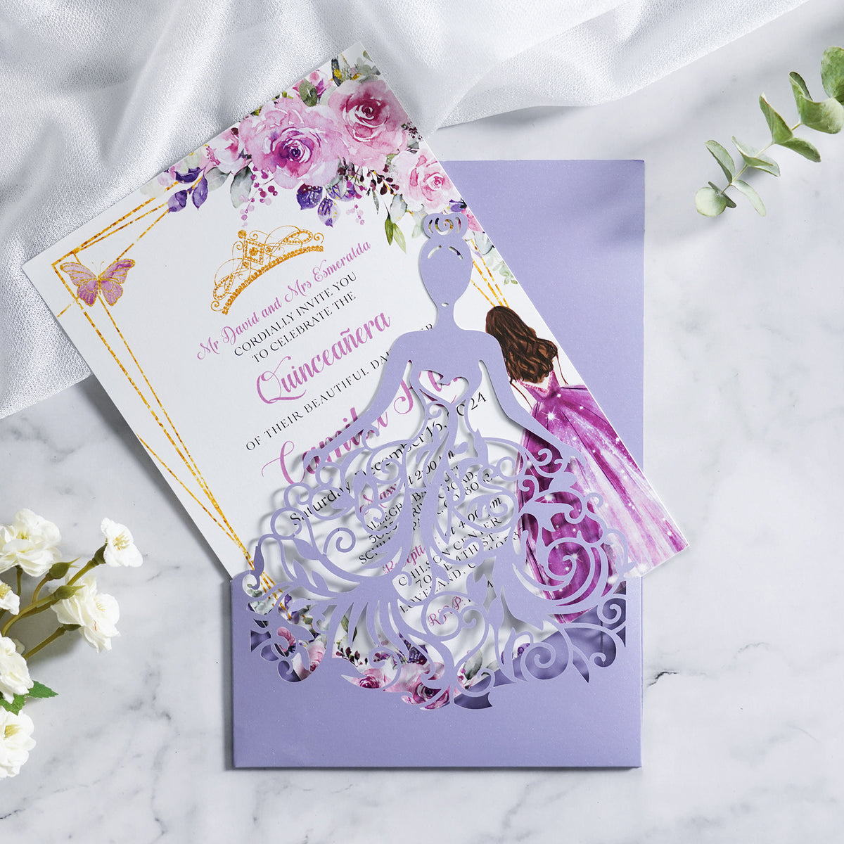 PONATIA Lilac Laser Cut Crown Sweet 16 Invitations Cards With Envelopes
