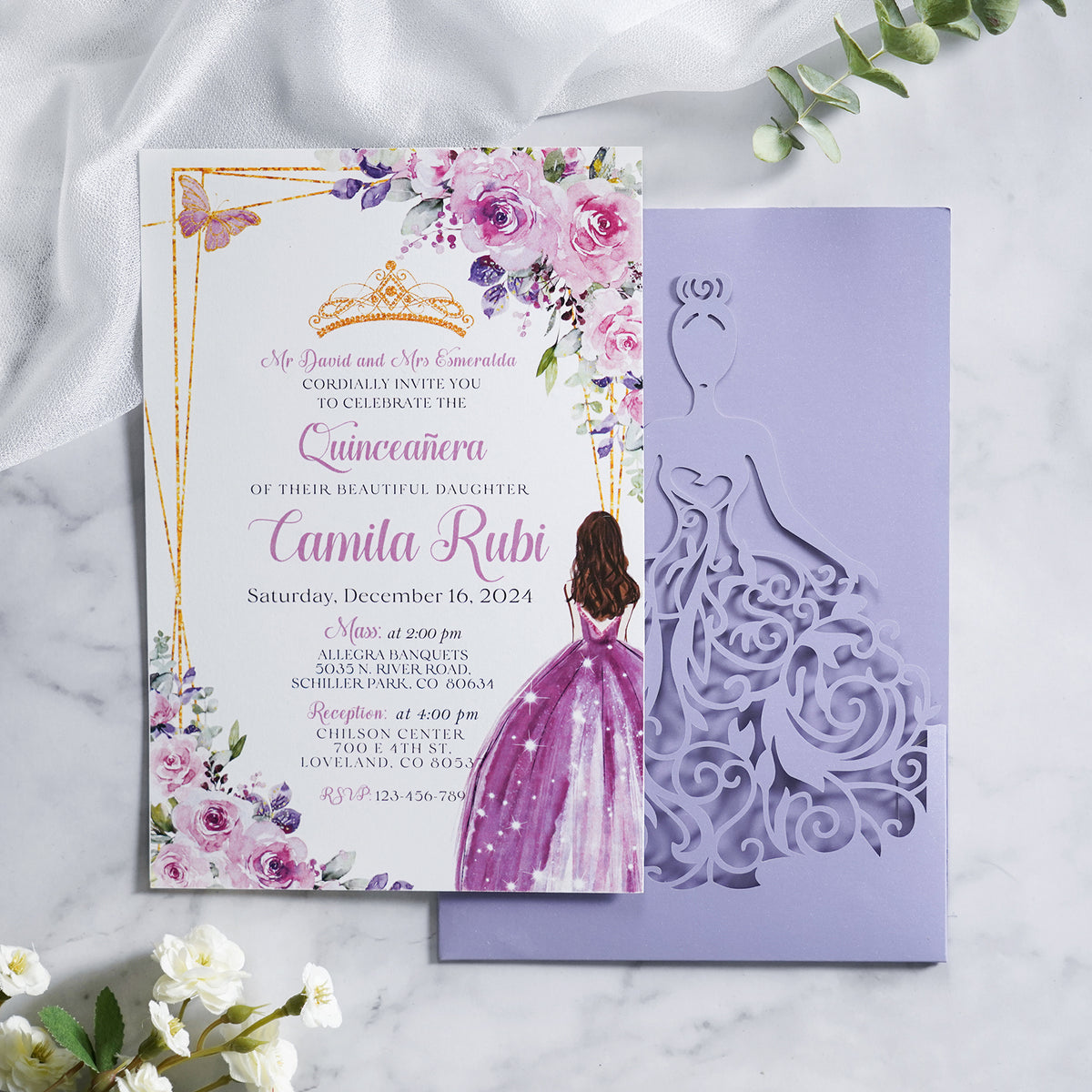 PONATIA Lilac Laser Cut Crown Sweet 16 Invitations Cards With Envelopes