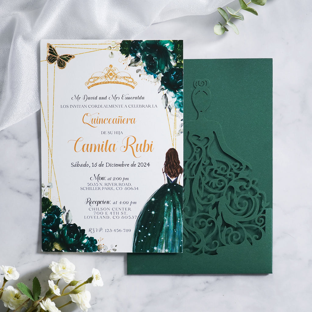 PONATIA Emerald Green Glitter Laser Cut Crown Sweet 16 Invitations Cards With Envelopes