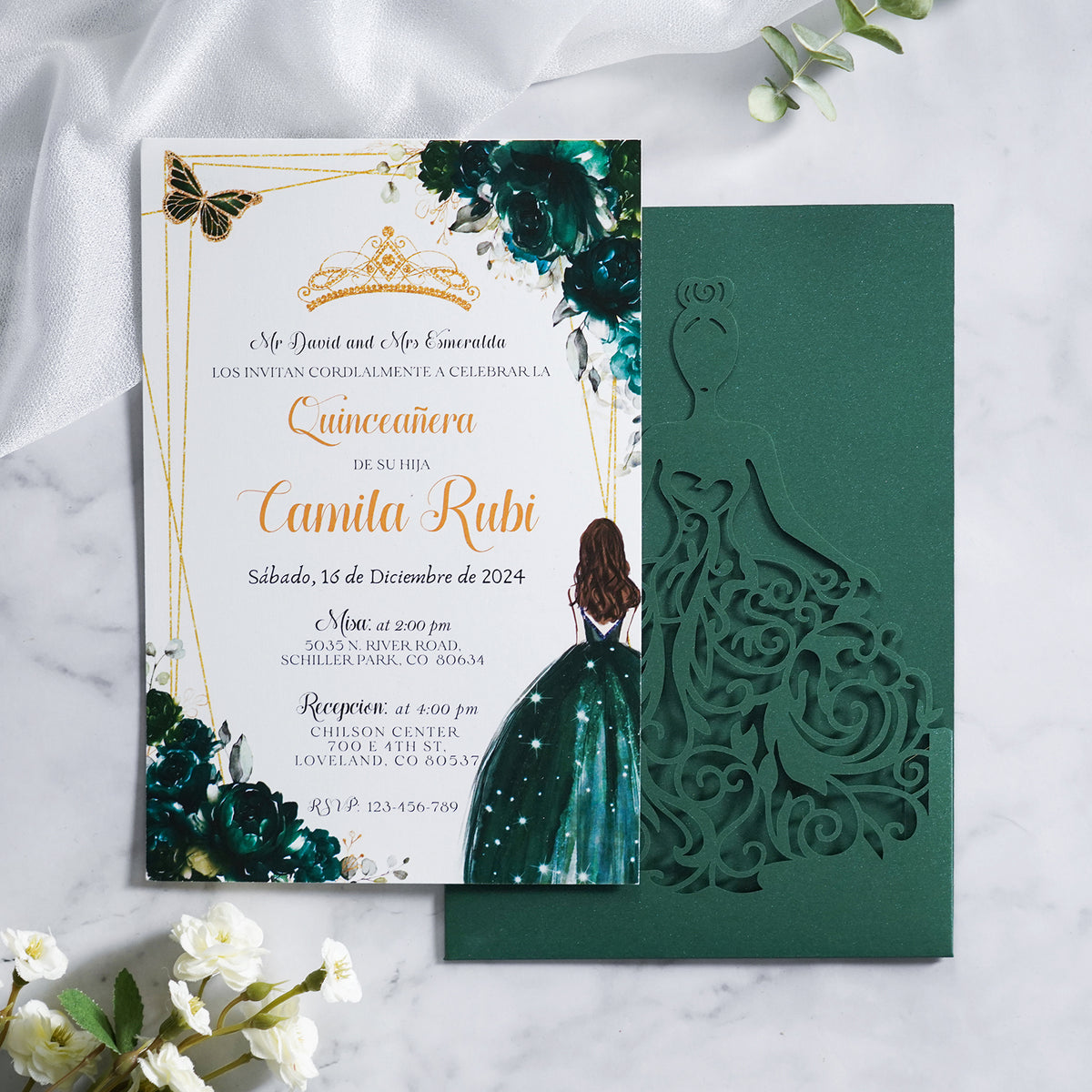 PONATIA Emerald Green Glitter Laser Cut Crown Sweet 16 Invitations Cards With Envelopes