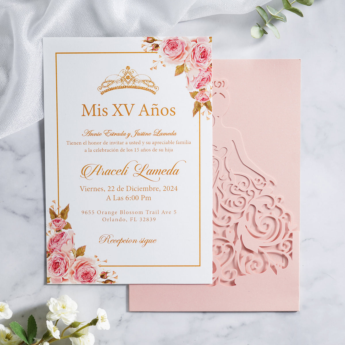 PONATIA Blush Pink Laser Cut Crown Sweet 16 Invitations Cards With Envelopes
